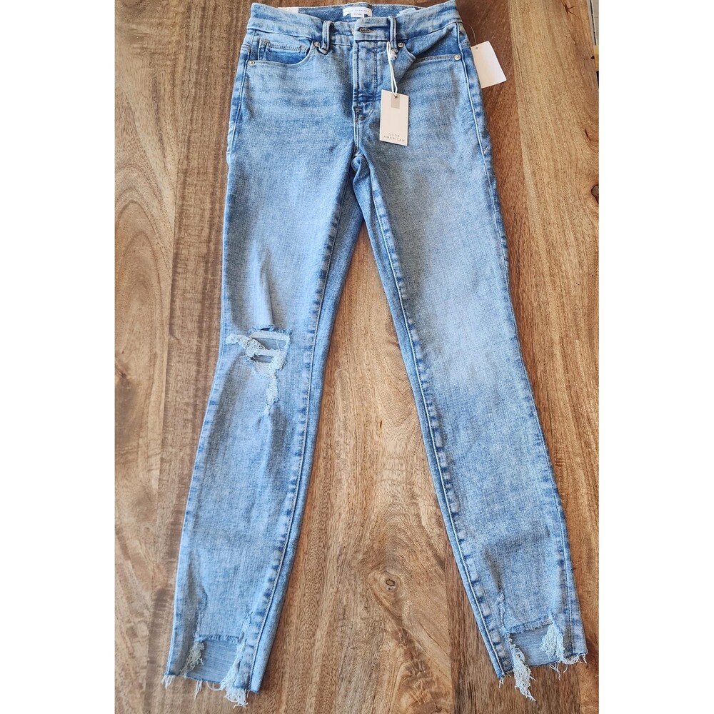 Good American Jeans Womens 2/26 Blue Light Wash Distressed Skinny Fringe Hem